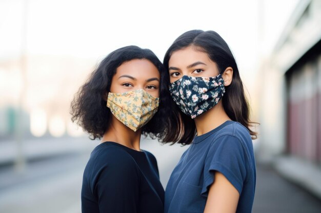 Dwie młode kobiety stojące plecami do siebie, noszące maski na twarz utworzone za pomocą generatywnej sztucznej inteligencji
