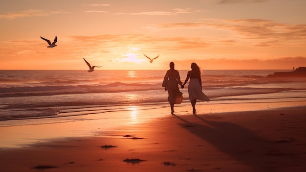 Dwie młode kobiety trzymające się za rękę na plaży podczas senset Koncepcja przyjaźni szczęścia