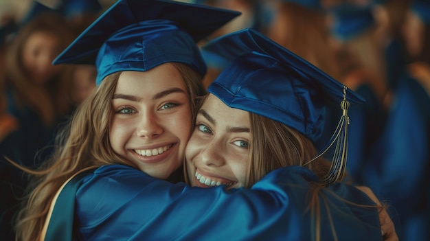 Dwie młode kobiety uściskające się w dniu ukończenia szkoły Szczęśliwi studenci