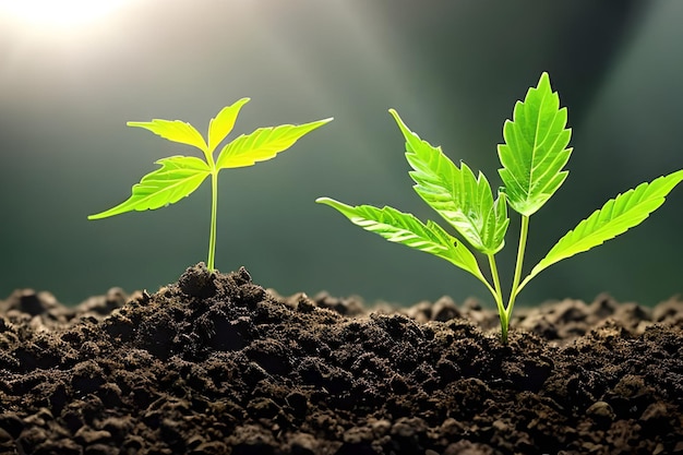 Dwie młode rośliny marihuany rosnące w pomieszczeniach w glebie