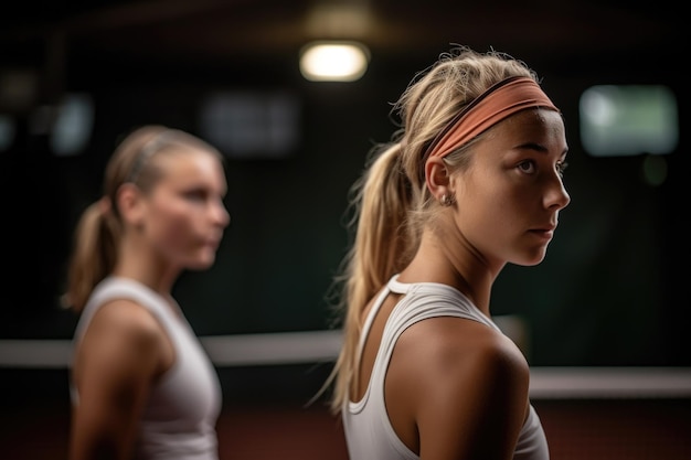 Dwie młode tenisistki stojące tyłem do siebie na swoim korcie zostały utworzone za pomocą generatywnej sztucznej inteligencji