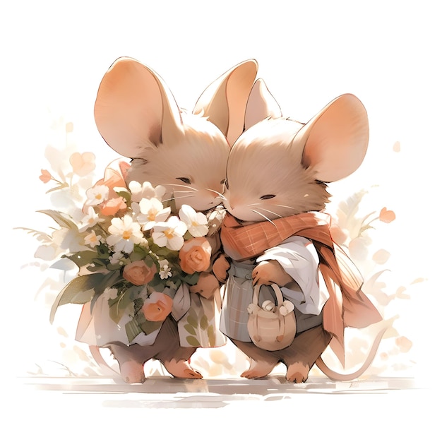 Zdjęcie dwie myszy uściskające się i trzymające bukiet kwiatów urocza ilustracja miłości wysokiej jakości