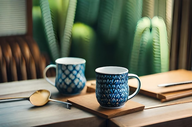 dwie niebieskie filiżanki do kawy na drewnianym stole z łyżką.