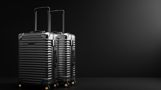 Zdjęcie dwie nowoczesne metalowe srebrne walizki z mocnymi kołami stoją na ciemno szarym tle