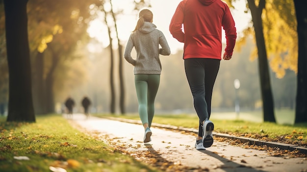 Dwie osoby biegnące w parku o zachodzie słońca, ilustrujące fitness na świeżym powietrzu i aktywny styl życia w jesieni