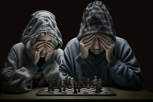 Dwie osoby grające w szachy, jedna w bluzie z kapturem, a druga w bluzie z kapturem.