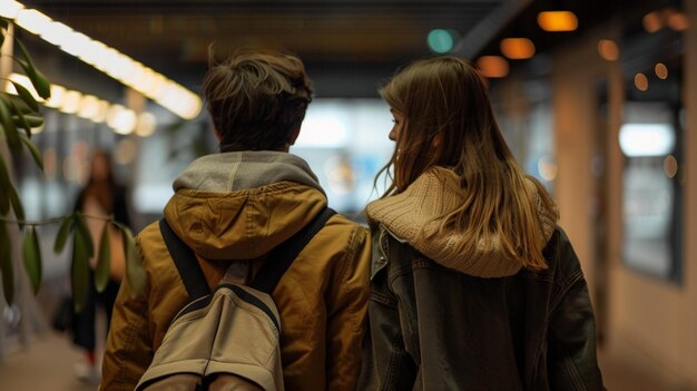 Zdjęcie dwie osoby idą korytarzem z plecakami.