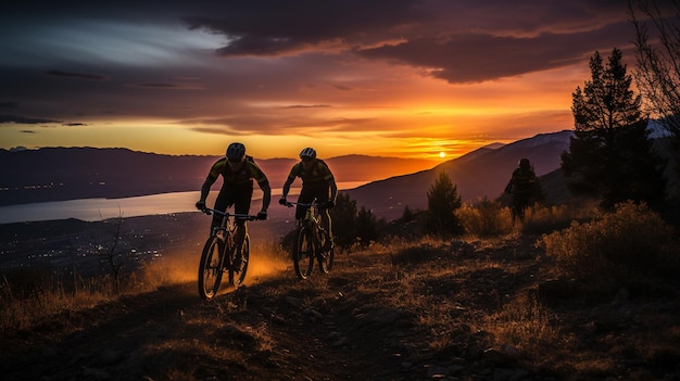 Dwie osoby jadące na rowerach szlakiem o zachodzie słońca z jeziorem w tle generatywne ai