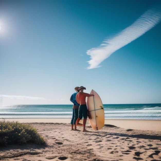 Dwie osoby na plaży z mężczyzną trzymającym deskę surfingową.