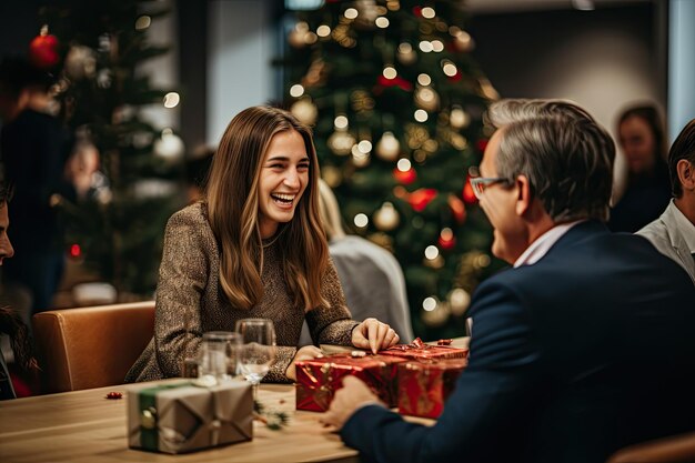 Zdjęcie dwie osoby siedzące przy stole przed choinką. jedna kobieta się uśmiecha, a drugi trzyma prezent.