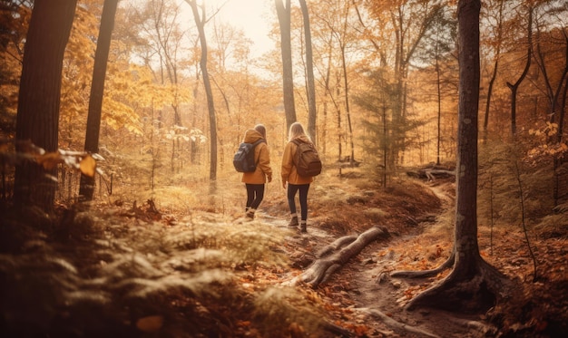 Dwie osoby spacerujące po lesie na żółtym tle
