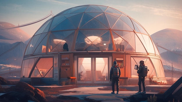Zdjęcie dwie osoby stoją na zewnątrz szklanego budynku generującego sztuczną inteligencję