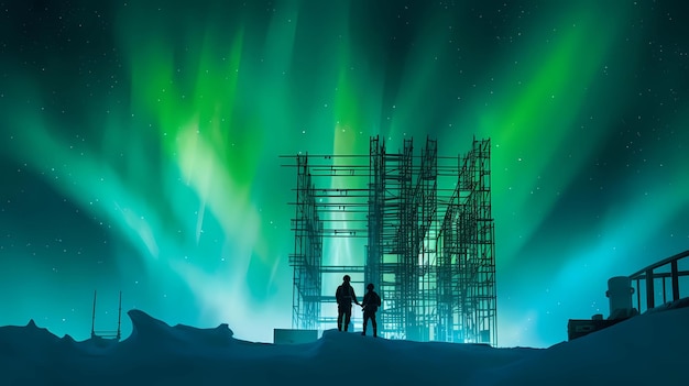 Dwie osoby stoją pod zielonym światłem zorzy polarnej.