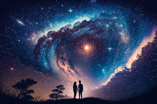 Dwie osoby stojące przed galaktyką spiralną Generative AI