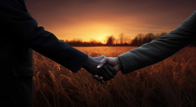 Zdjęcie dwie osoby uściskają sobie ręce na tle pola zboża.