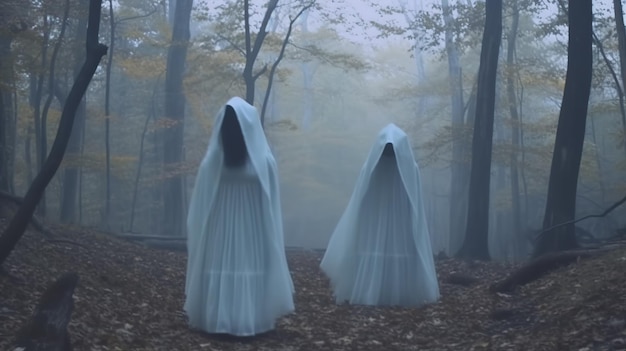 Dwie osoby w białych szatach stoją w lesie z napisem upiorny na przodzie.