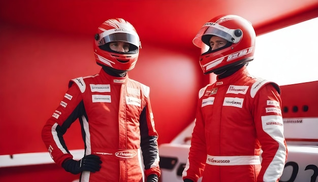 Dwie osoby w czerwonych garniturach wyścigowych i hełmach stojące obok siebie na czerwonym tle