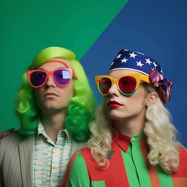 Zdjęcie dwie osoby w tęczowych i zielonych okularach przeciwsłonecznych robią zdjęcie