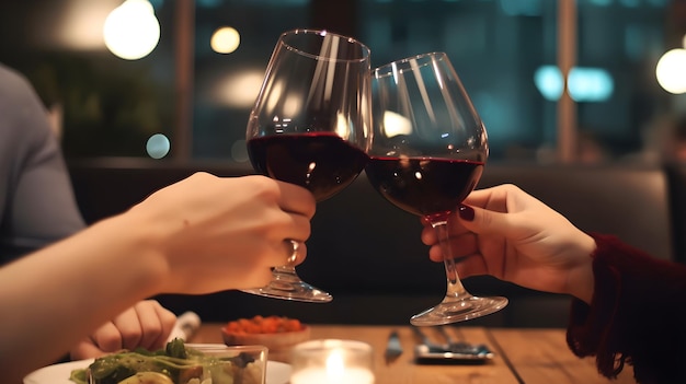 Dwie osoby wznoszące toast kieliszkami do wina w restauracji