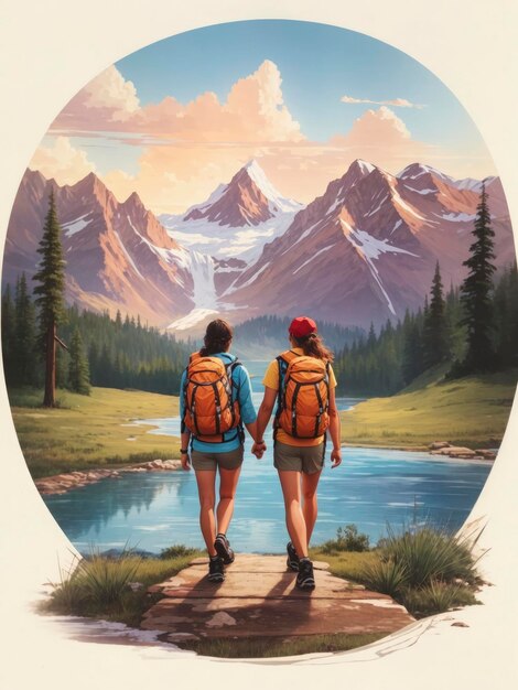 Zdjęcie dwie osoby z plecakami stoją na skale z widokiem na górskie jezioro