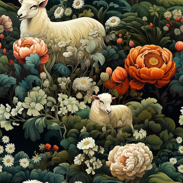 Dwie owce stoją na polu kwiatów.