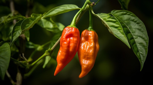 Dwie papryczki chilli zwisające z gałęzi