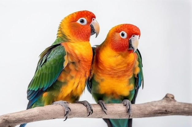 Dwie papugi na gałęzi, z których jedna jest żółta, druga żółta, a druga niebieska.