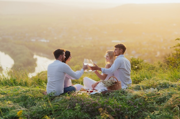 Dwie pary pijące wino na pikniku na polu