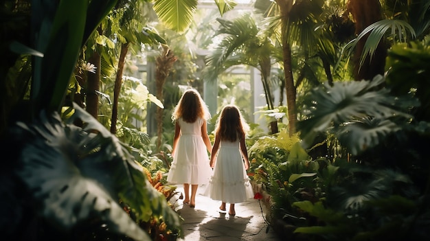 Dwie piękne dziewczynki spacerują po ogrodzie botanicznym.