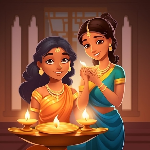 Dwie piękne kobiety w sarie oświetlające lampę olejną w nocy Diwali ilustracja wektorowa tła