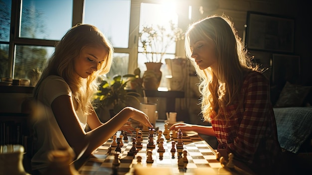 Zdjęcie dwie piękne młode kobiety grają w szachy w domu lub mieszkaniu w pobliżu dużego szklanego okna dwie kobiety wyglądają na pewne siebie i pozostają skoncentrowane podczas gry strategicznej