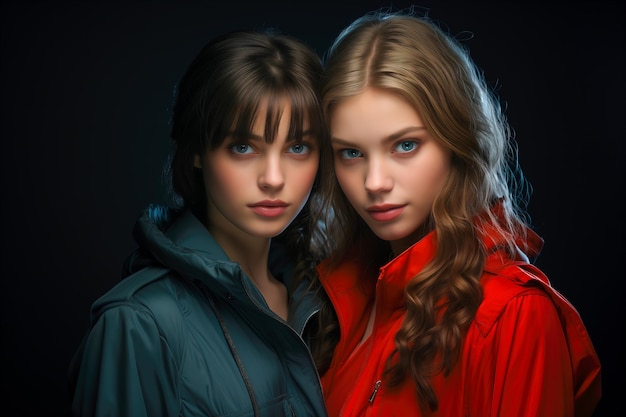 Dwie piękne modelki w czerwonych i niebieskich kurtkach na czarnym tle