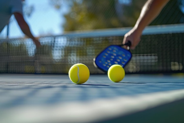 Zdjęcie dwie piłki do pickleballu z bliskim zdjęciem na boisku do pickleballu z miejscem na tekst