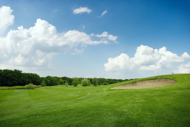 Dwie piłki na zielonym polu golfowym, nikt