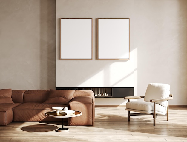 Zdjęcie dwie pionowe ramki plakatowe makiety w skandynawskim stylu wnętrza salonu nowoczesne wnętrze salonu tło renderowania 3d