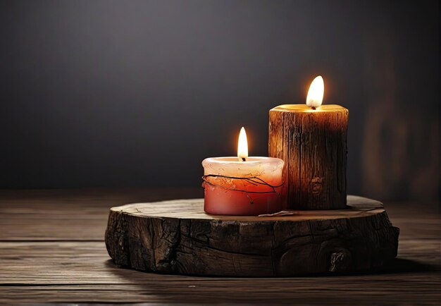 Zdjęcie dwie płonące świece na ścianie z drewnianych desek.