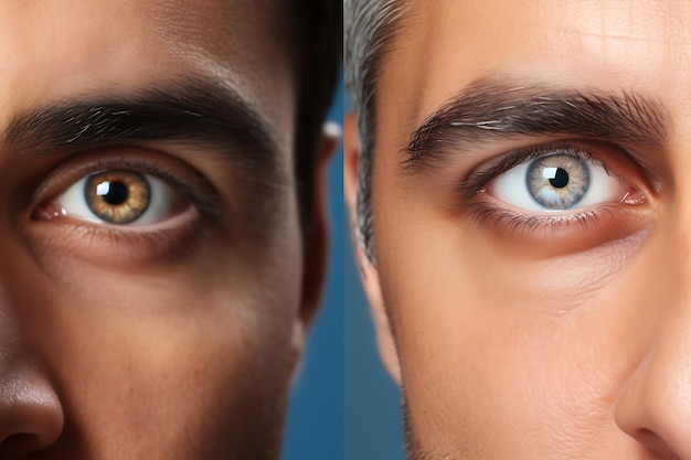 Dwie połówki twarzy zbliżenia mężczyzn o niebieskich i brązowych oczach Zdjęcie poziome