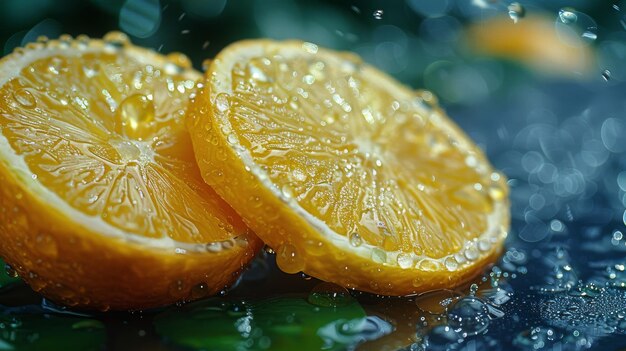 Dwie pomarańcze na stole pokryte wodą