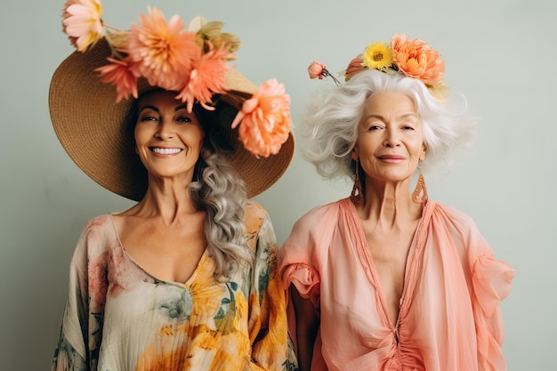 Dwie pozytywne starsze damy z niesamowitą fryzurą Portret starszej kobiety z wienieczkiem dużych jasnych kwiatów utkanych w jej szare włosy