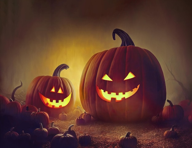 Dwie przerażające dynie Halloween ze złymi uśmiechami na polu Cyfrowa ilustracja z miejscem na kopię