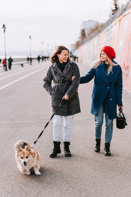 Dwie przyjaciółki dziewczyny spaceru po ulicy psa rasy corgi