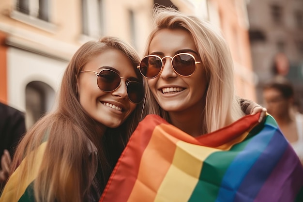 Dwie przyjaciółki w mieście z flagą dumy LGBT