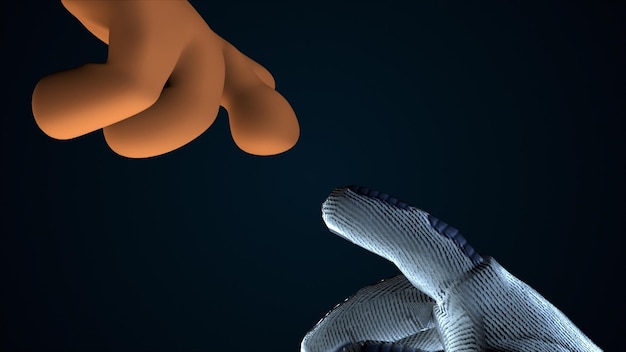 Dwie ręce dotarcia do siebie w przestrzeni renderowania 3D Wygenerowane komputerowo tło kreskówki
