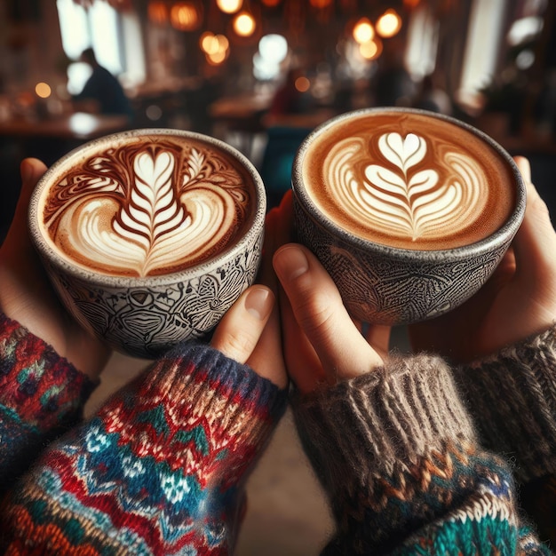Dwie ręce, każda trzymając filiżankę kawy z latte art, klikając filiżanki razem