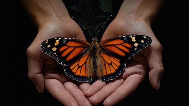 Dwie ręce trzymają motyla ze słowem monarcha.