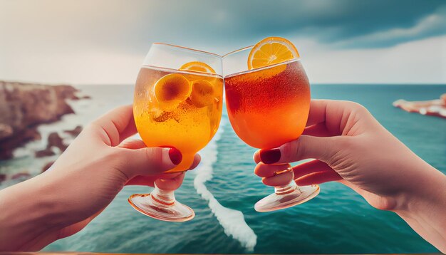 Dwie ręce trzymające drinki nad morzem profesjonalista str