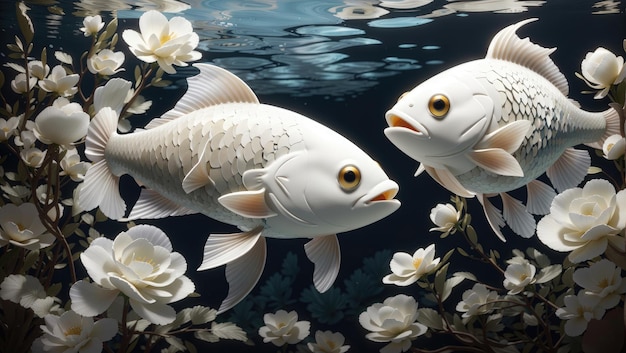 Dwie ryby i kwiat na białym tle