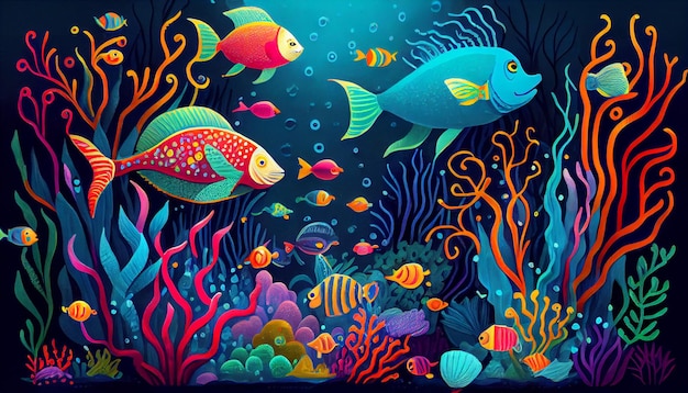 Dwie ryby pływają w oceanie z koralowcami i algami.