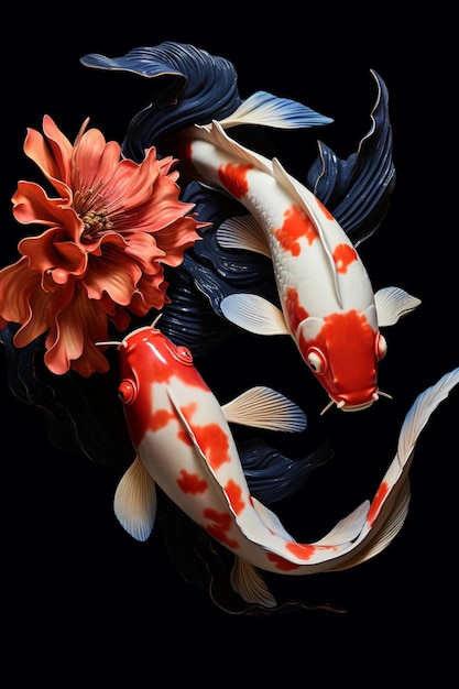 Zdjęcie dwie ryby pływają w stawie z kwiatami na boku.