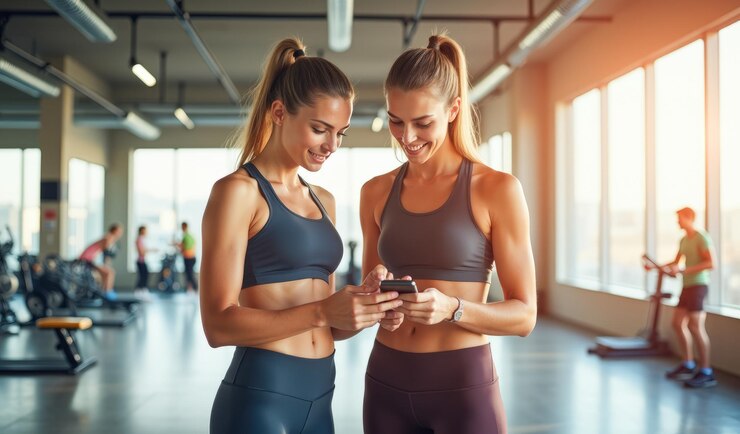 Dwie sportowe kobiety w siłowni patrzą na telefon.
